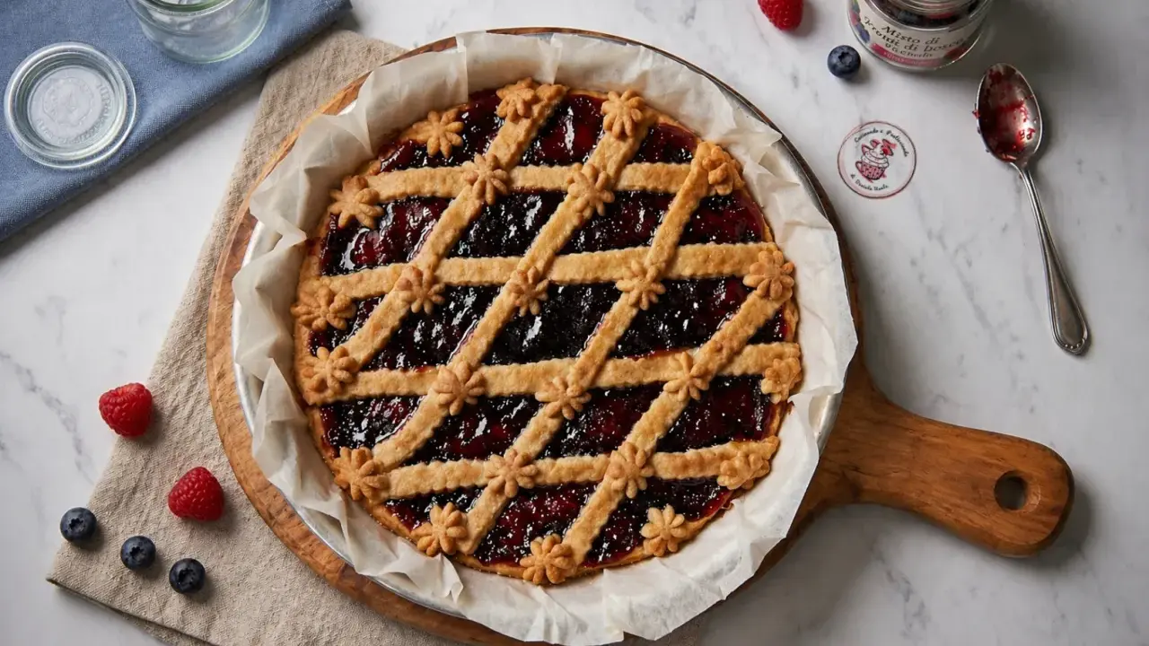 Deliziosa crostata di marmellata con decorazioni a griglia e fiorellini, pronta per essere gustata.