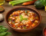 Un fumante minestrone di verdure, ricco di fagioli, zucchine e carote, guarnito con basilico fresco e parmigiano.