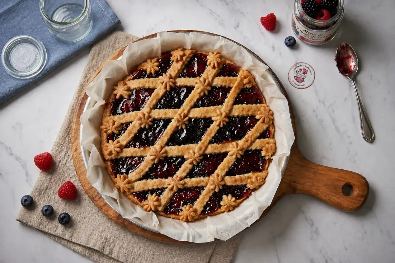 Deliziosa crostata di marmellata con decorazioni a griglia e fiorellini, pronta per essere gustata.