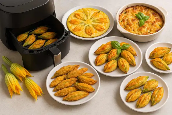 Fiori di zucca in friggitrice ad aria, dorati e croccanti, pronti per essere gustati. Un piatto leggero e saporito.