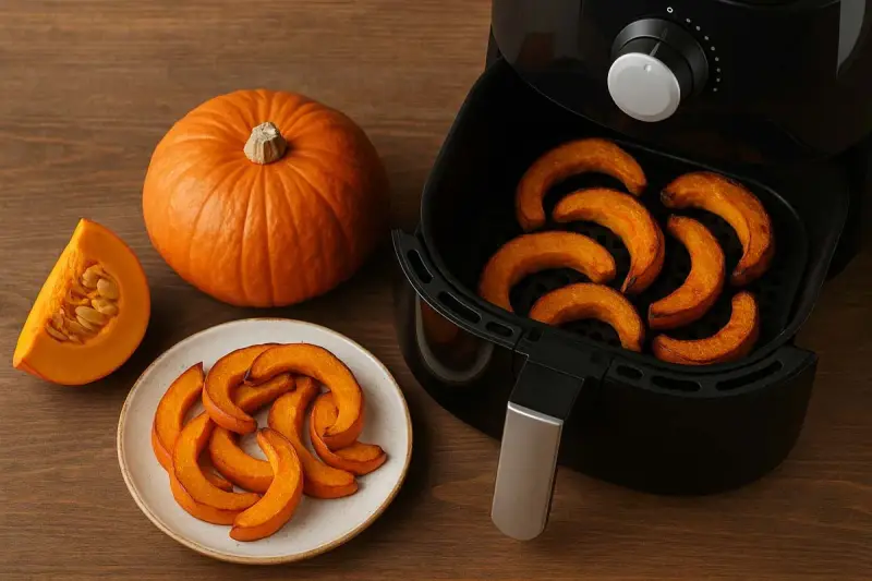 Zucca in friggitrice ad aria: fette arrostite e una intera su un tavolo di legno.